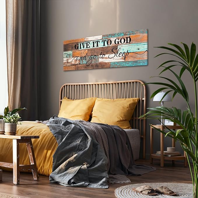 KREATIVE ARTS Vintage 36"x12" 'Give It To God And Go To Sleep' Canvas Prints - Rustic Farmhouse Wall Art Decor for Master Bedroom, Above Bed Hanging Decoration