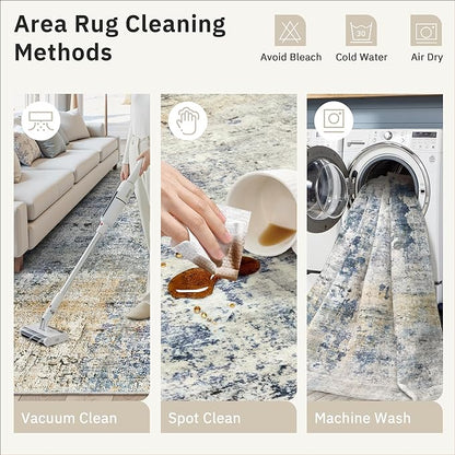 Soalmost Abstract Rug 8x10 Large Living Room Rugs Neutral Modern Washable Area Rugs for Bedroom Dining Room Non-Slip Stain Resistant Foldable Thin Rug Blue Yellow