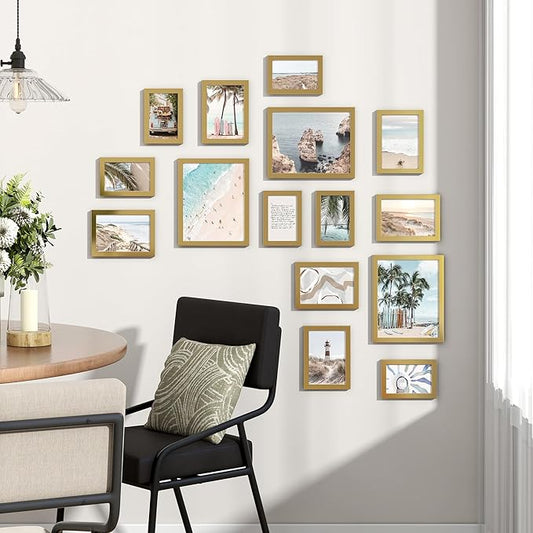 Venusmiles 15 Pack Picture Frames Collage Wall Decor, Gallery Frame Set for Wall Mounting or Tabletop Display, Multi Sizes Including 3pcs 8x10, 6pcs 5x7, 6pcs 4x6, Gold