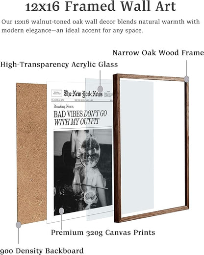 EcoHest Trendy Newspaper Magazine Framed Wall Art, 12x16 in Walnut Color OAK Wood Bad Vibes Don't Go With My Outfit Disco Bar Canvas Wall Art, Preppy Retro Decor For Bedroom Living Room 1Pack