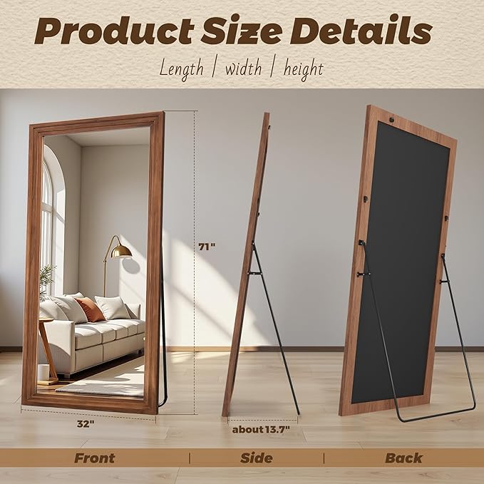 Antok Full Length Mirror with Solid Wood Frame, 71"×32" Wall Mounted Oversized Floor Mirror with Stand, Leaning Standing Hanging for Bedroom Living Room Entryway, Brown, Rect Style