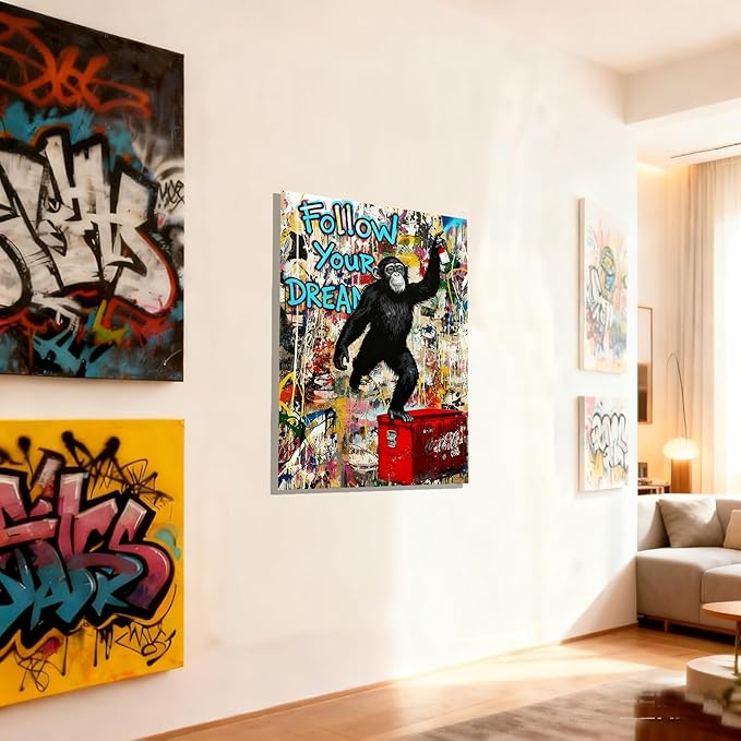 16x24 Graffiti Street Art Gorilla Canvas Wall Decor Urban Pop Funny Picture Monkey Framed Gallery Street Posters Teen Boys Bedroom Pictures Kids Room Prints Men Office Home Decoration