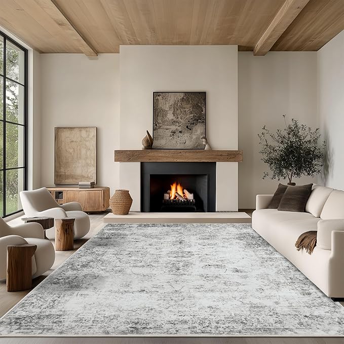 9x12 Area Rug Living Room Rugs - Washable Rug Large Modern Abstract Soft Thin Carpets Indoor Floor No Slip Vintage Carpet for Bedroom Under Dining Table Nursery Home Office Decor Gray