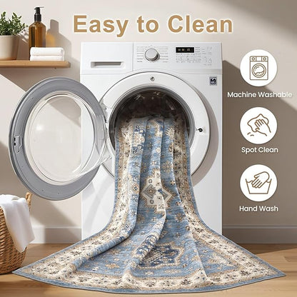 EIEIHOUSE Washable Area Rugs for Living Room -7x10 Neutral Vintage Distressed Floral Farmhouse Boho Large Soft Floor Rug Indoor Non Slip Carpet for Living Room Bedroom Dining Room Office - Blue