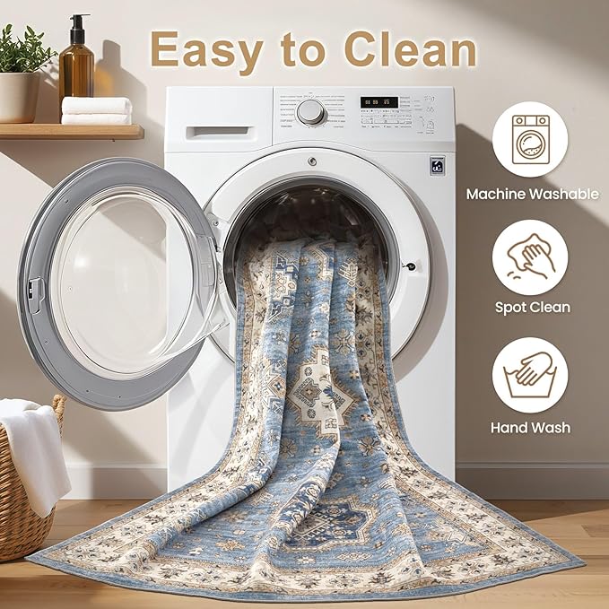 EIEIHOUSE Washable Area Rugs for Living Room - 7x9 Neutral Vintage Distressed Floral Farmhouse Boho Large Soft Floor Rug Indoor Non Slip Carpet for Living Room Bedroom Dining Room Office - Blue