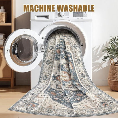 10x14 Area Rugs for Living Room - Large Carpet Ultra Thin Soft Washable Oriental Vintage Floral Distressed Rug Big Indoor Carpets for Bedroom Nursery Dorm Home Decor Aesthetic - Vintage Blue