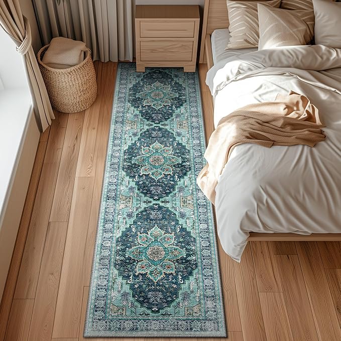 BESTSWEETIE 2x8 Area Rug Washable Rugs for Living Room, No Pile Boho Carpet for Entryway Bedroom Dinning Room, Vintage Carpet Print Distressed Non-Slip, 2 x 8 ft, Teal Dark Green