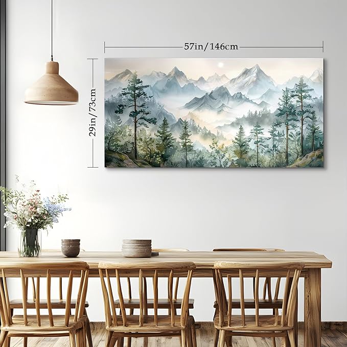 SERIMINO Large Canvas Wall Art for Living Room, Mountain Forest Landscape Canvas Prints Paintings, Nature Scenery Wall Decor, Green Modern Home Bedroom Bathroom Pictures Home Decor 29"X57"