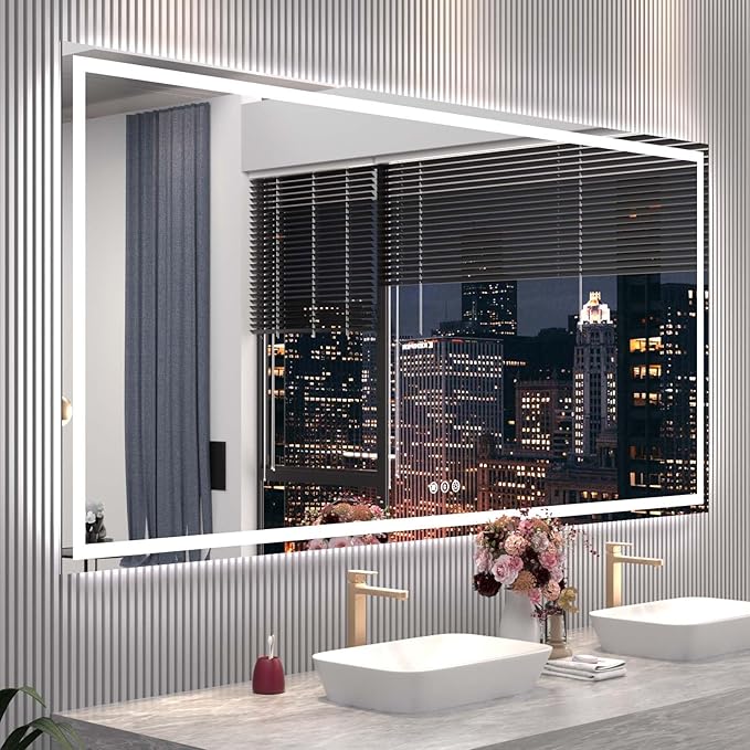 Snowdool 84"X40" LED Bathroom Mirror with Front Lights and Backlit, Anti-Fog, Dimmable, Shatter-Proof Tempered Glass, Lighted Bathroom Vanity Mirror for Wall with 3 Colors, Memory Function