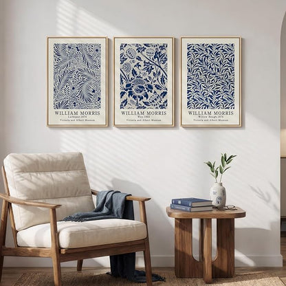 Framed William Morris Wall Art Set of 3, Large Vintage Blue Botanical Floral Canvas Prints, Farmhouse Aesthetic Wall Decor for Living Room Bedroom Hallway Office, 16x24 Inch