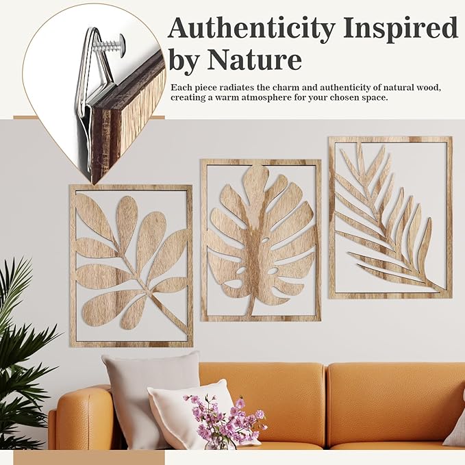 3PCS Wall Art Decor Leaf Sign Walls Vintage Tropical Plant Wall Rustic Palm Leaf, Wood Decorative Board, Rustic Wall Panel for Living Room/Bedroom, Solid Wood Backdrop for Shelves & Home Decoration(Khaki，Style2)