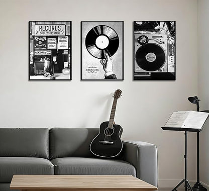3Pcs Retro Music Poster Wall Art Fashion Black And White Photography Preppy Vinyl Record Store Painting Picture Wall Decor Bar Rock Music Lovers Print Artwork for Recording Studio Club Home Decoration