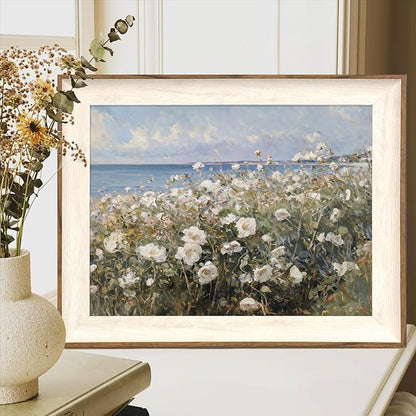 ASTRDECOR Framed Canvas Wall Art Room Decor, Vintage Landscape Wall Art for Home Decor Aesthetic Artwork, Coastal Scenery Nature Rustic Farmhouse Wall Decor for Living Room, White Wildflowers Oil Painting Pictures Bathroom Wall Decor- 12''x16''