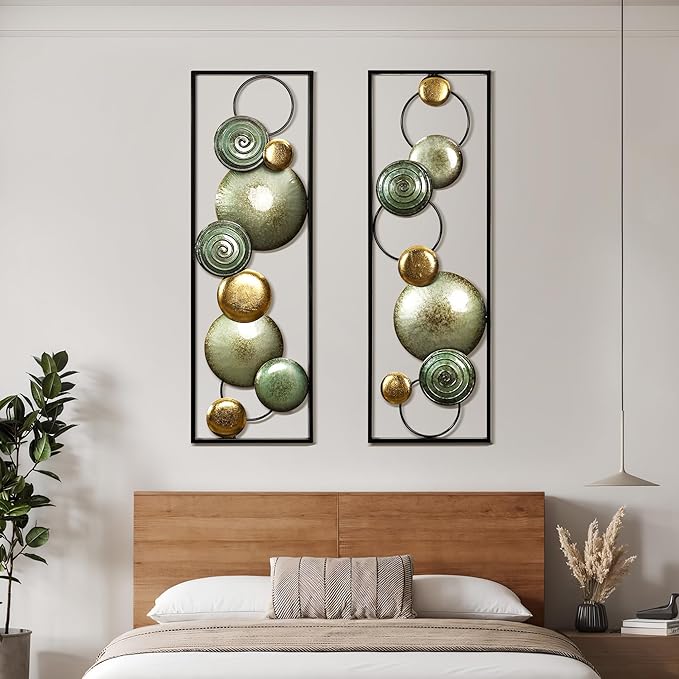 LuxenHome 2 Pieces Metal Wall Art, 36" x 12" Multi-Color Circles Abstract Rectangular Metal Wall Decor, Minimalist Wall Décor for Home, Living Room, Bedroom, Dining Room