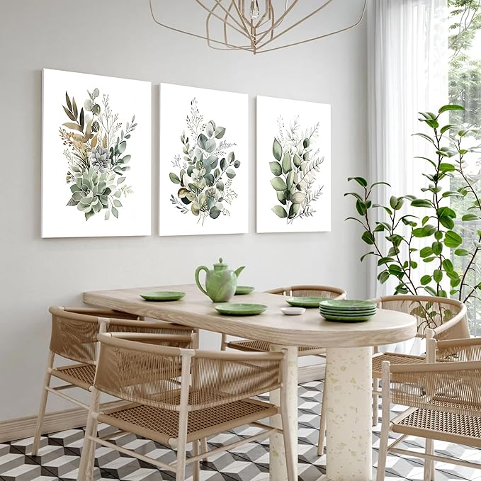 FYLDPSB 3 PCS Unframed Watercolor Floral Canvas Wall Art, Boho Sage Green Wildflower Wall Decor, Modern Flowers and plants Painting Print for Bedroom Living Room Bathroom Decorations 12''L x 16''W