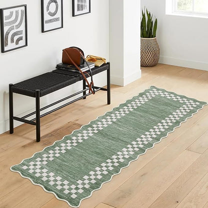 Washable Runner Rug 2x10 Modern Bordered Hallway Runner Rug Non Slip Kitchen Throw Carpet Checkered Bathroom Entryway Runner Rugs Low Pile Solid Area Rugs for Living Room Bedroom Nursery Sink, Green