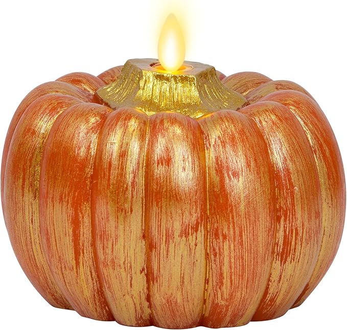 Luminara - Flameless Halloween LED Candle Battery Operated Moving Flame - Metallic Gold Orange Pumpkin - Pack of 1-5x4.5 - Unscented Indoor Use