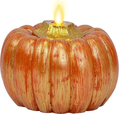 Luminara - Flameless Halloween LED Candle Battery Operated Moving Flame - Metallic Gold Orange Pumpkin - Pack of 1-5x4.5 - Unscented Indoor Use