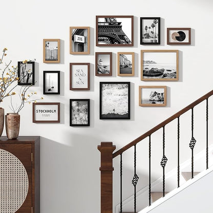 Venusmiles 15 Pack Picture Frames Collage Wall Decor, Gallery Frame Set for Wall Mounting or Tabletop Display, Multi Sizes Including 3pcs 8x10, 6pcs 5x7, 6pcs 4x6, Black+Oak+Walnut