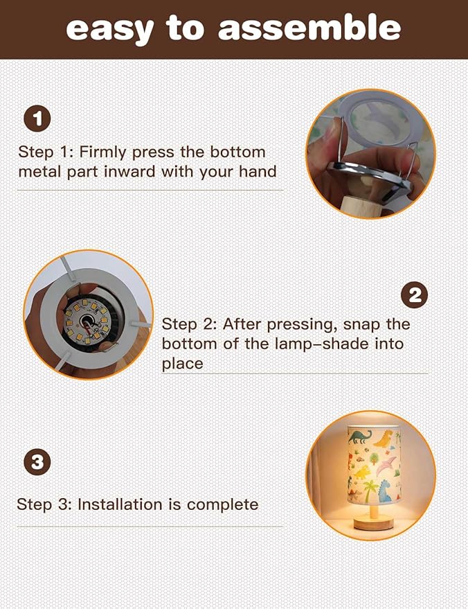 Dinosaur Lamp, Dinosaur Room Decor for Boys, 3 Level Dimmable Wood Nightstand Desk Base Flaxen Fabric Shade for Bedroom Living Room, Dino Gifts for Boys