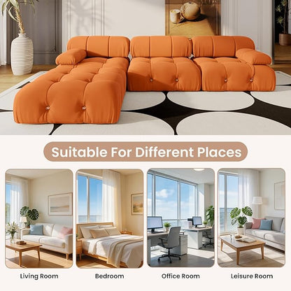 104'' Modular Sectional Sofa, L-Shaped Velvet Modular Couch with Reversible Chaise Ottoman, Modern Cloud Sectional Couches for Living Room, Apartment (3 Seats, 1 Ottoman, Orange) ﻿
