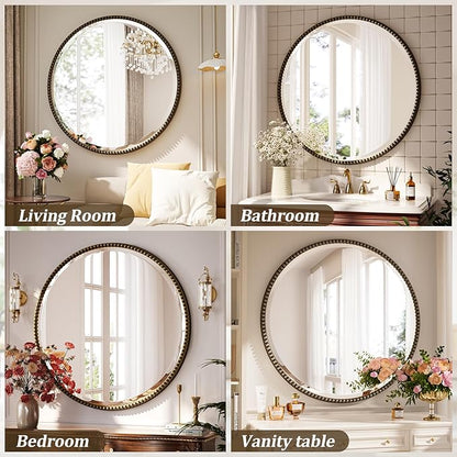 28 Inch Round Bathroom Mirror - Luxurious Retro Beaded Circle Decorative Wall Mirror with PU Frame Hanging Leaning as Art Decor for Entryway, Bedroom, Living Room, Hallway, Bronze