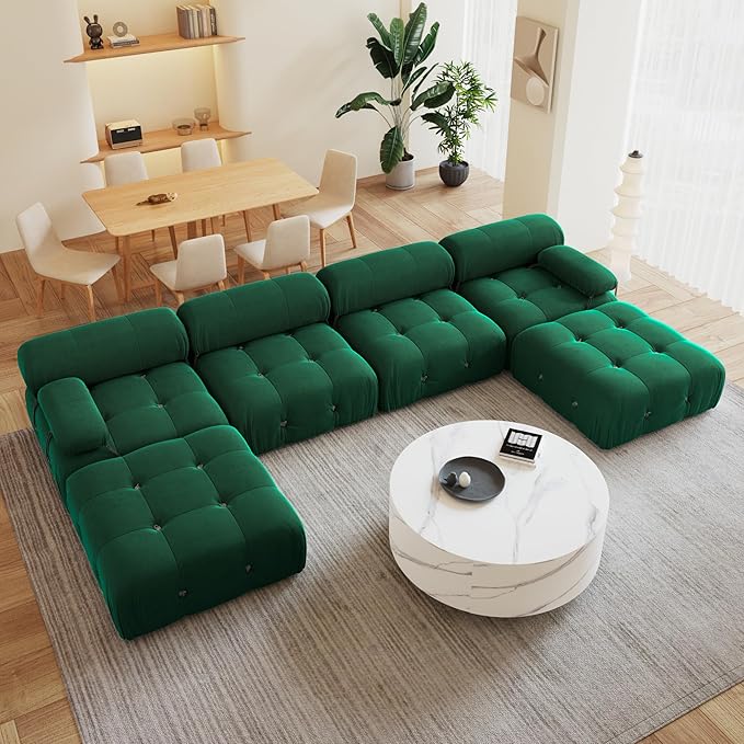138'' Modular Green Sectional Couch, U-Shaped Velvet Sofa with Reversible Chaise Ottoman, Minimalist 6-Seat Bubble Sofa, Modern Cloud Sectional Couches for Living Room, Apartment (6 Seats,Green)