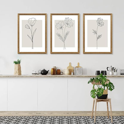 ICHZUMW Neutral Botanical Floral Wall Art, Black and White Farmhouse Flowers Wall Decor, Modern Minimalist Line Art Canvas Prints, Beige Artwork, Living Room Bedroom Home Office, Set of 3, 16x24in
