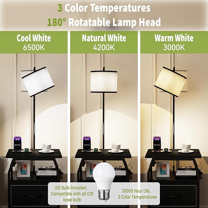 runjuly Floor Lamp with Table, End Tables with Lamps Attached 3-Color Temperature Bulb, Side Table with Lamp with 2 Drawers & Charging, Lamps Tables Combo for Bedroom, Dorm, Apartment - Black