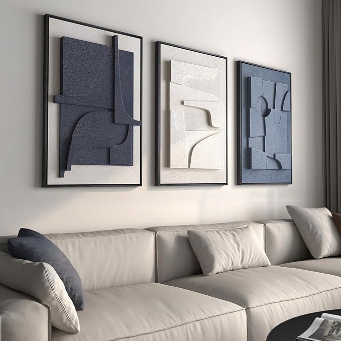 Large 3D Textured Framed Blue and White Abstract Wall Art for Living Room, 3 Piece Modern Artwork for Walls, Minimalist Navy Blue Geometric Paintings for Hallway, Stair, Office Wall Decor 24x36 In