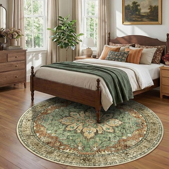 RELEANY Area Rugs Round 8ft Washable Non-Slip, Floral Vintage Distress Print Pattern Medallion Carpet for Living Room Bedroom Dining Room, Brick Red Rust Neutral Brown Burnt Orange Green