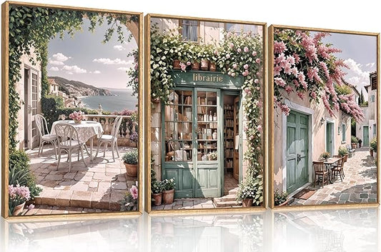 Modern French Flower Street Framed Canvas Wall Art Set,Romantic Green Landscape Wall Decor,Vintage Mediterranean Bookstore Neutral Coast Cityscape Artwork for Living Room, Bedroom-24 x36 x3