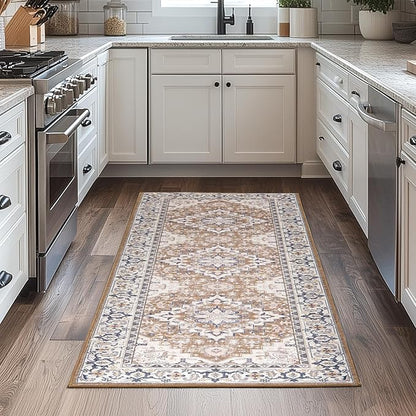 Lessymo 2 x 6 Runner Rug- Machine Washable Area Rugs Boho Faux Wool Low Pile Area Rug for Bedroom, Floral Medallion Vintage Rugs with Non-Slip Rubber,Brown Beige