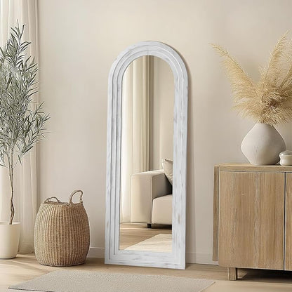MELOMOIR Arched Full Length Mirror with Solid Wood Frame, 56"x21" Rustic Farmhouse Floor Mirror with Stand, Free Standing Leaning Hanging, for Bedroom Living Room Dressing Room, Weathering White