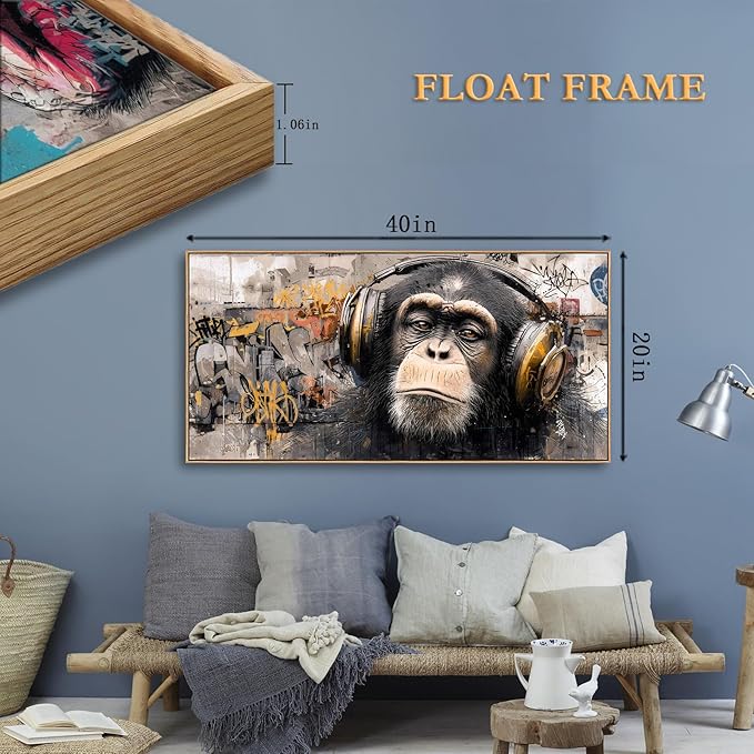 Sorbrozo DJ Gorilla Canvas Wall Art - Vibrant Street Graffiti Painting with Headphones Modern Animal Artwork for Music Lovers Boys Bedroom & Man Cave Decor 20x40in