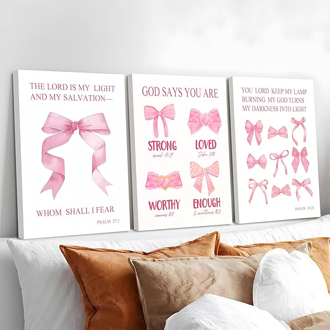 JBZDD Christian Pink Bow Wall Art Set of 3 Inspirational Bible Verses Quotes Decor Posters Pictures Prints for Girls Room College Apartment Bathroom Bedroom Living Room12x16in Framed