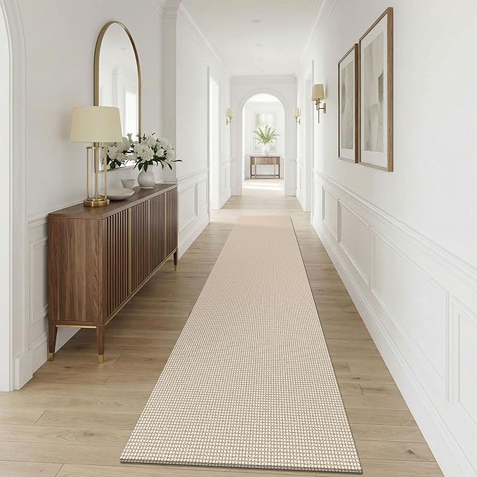 KOZYFLY Cotton 2.5'x12' Runners Rugs for Hallway, Long Washable Runner Rug, Woven Non Slip Kitchen Runner, Braided Entryway Rug, Floor Carpet for Entry, Aisle, Hall, Ivory/Camel/Brown