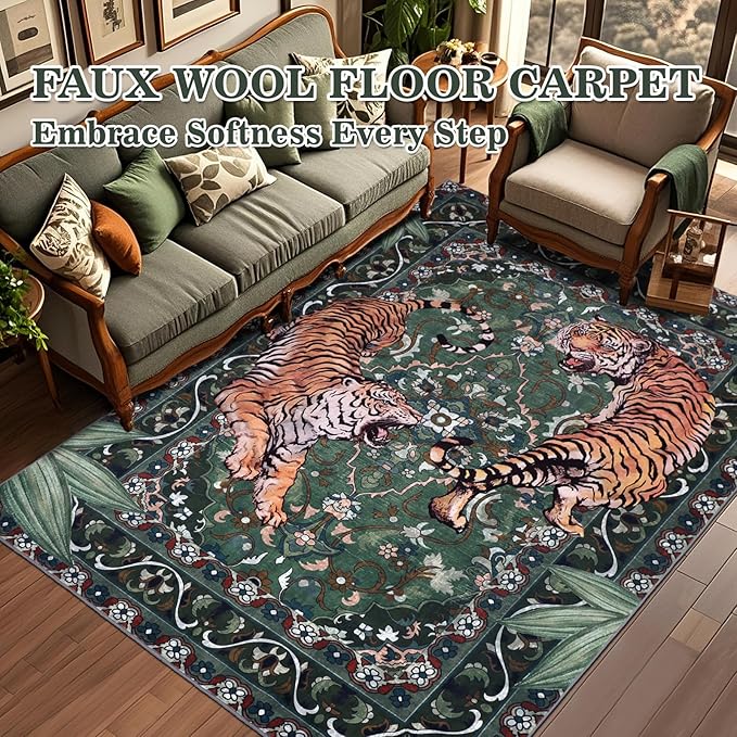 Tiger Washable Area Rugs 6x9 Green, Boho Accent Jungle Rugs for Living Room, Soft Bedroom Area Carpet, Thin Botanical Floor Carpets for Dining Room Nursery Dorm Kids Playroom Farmhouse Office