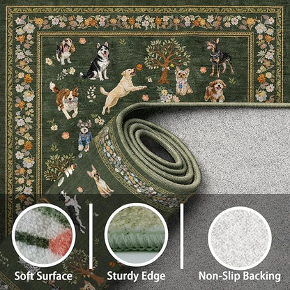 Washable Area Rug 8x10, Large Soft Dog Rugs for Living Room Floral Dark Green Carpet Dogs Area Rugs for Bedroom Dining Room Non-Slip Stain Resistant Under Table Rug