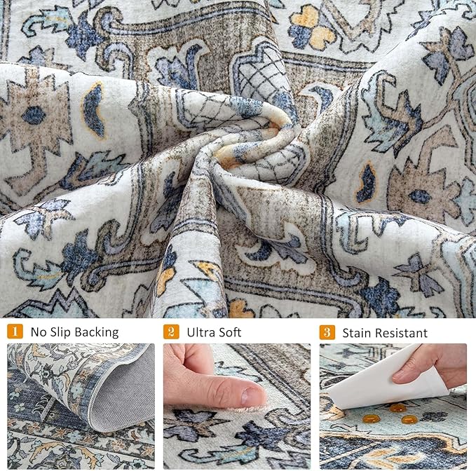 8x11 Washable Area Rugs for Living Room: Non Slip Vintage Blue Yellow Rug, Large Soft Stain Resistant Indoor Floor Carpets for Bedroom Dining Room Nursery Home Office Kid & Pet Friendly
