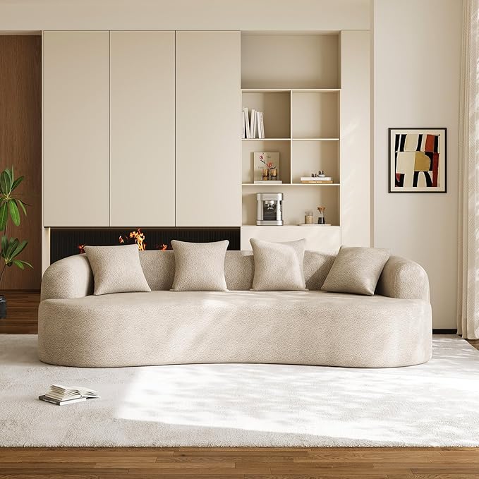 Oversized Sectional Sofa for Living Room, Modern Luxury Plush Chenille 4-Seater Extra Deep & Wide Seat Curved Cloud Couch with 4 Throw Pillows, No Assembly Needed, Light Brown