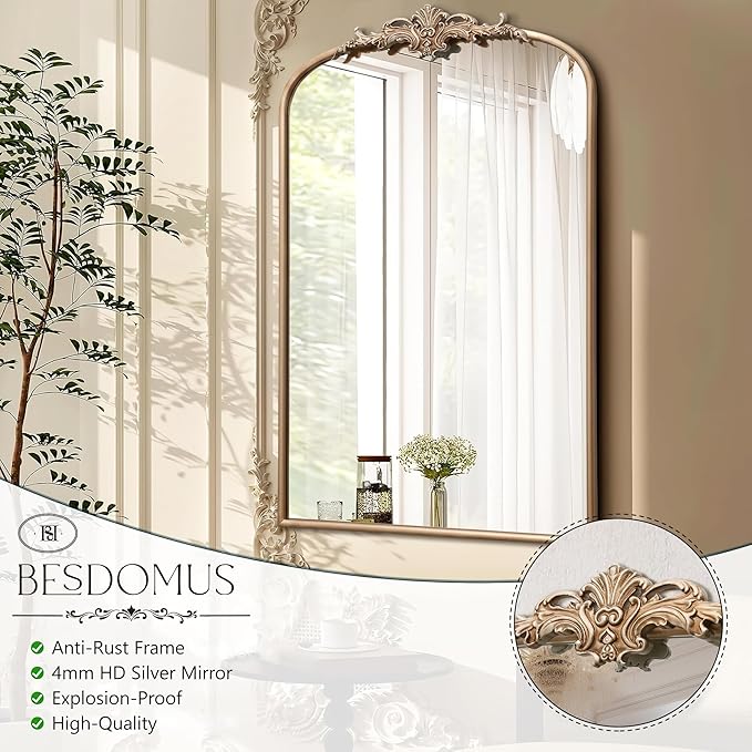 Besdomus Large Antique Wall Mirror: 24"x36" French Arched Champagne Gold Vintage Wall Mounted Mirror - Traditional Ornate Home Decor for Entryway/Bedroom/Bathroom - Baroque Idea for Housewife