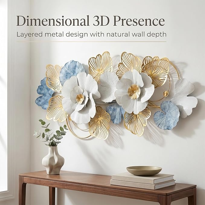Axioglo Large Metal Wall Art Decor, 3D Modern Abstract Floral Pattern Design, Handcrafted Metal Wall Sculpture for Living Room, Bedroom & Entryway（51"）