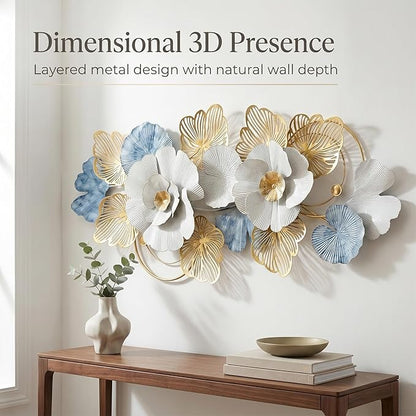 Axioglo Large Metal Wall Art Decor, 3D Modern Abstract Floral Pattern Design, Handcrafted Metal Wall Sculpture for Living Room, Bedroom & Entryway（51"）