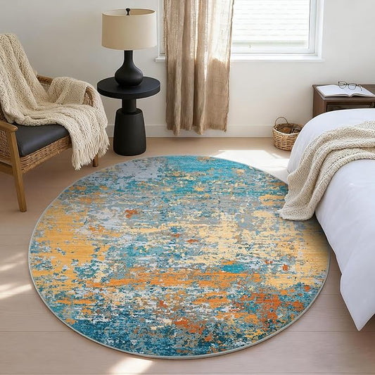 ROYHOME Modern Abstract 6x6 Round Area Rug Non Slip Non Shedding Rug Low Pile Stain Resistant for Bedroom Living Room Office Dining Room,Multi Color