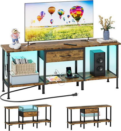 GYIIYUO LED TV Stand for 65 60 55 Inch TV, Entertainment Center with Power Outlet and Fabric Drawers, Industrial TV Console Table for Living Room Bedroom, 55" Rustic Brown
