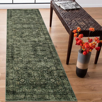 Morebes Washable Dark Green Runner Rug 2.5x8, Vintage Boho Runners for Hallways Non Slip, Soft Floral Indoor Floor Throw Carpet for Kitchen Laundry Room Bedroom Bathroom Living Entryway