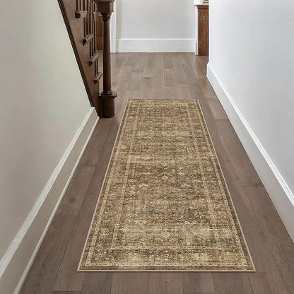 2x6 Brown Runner Rug Hallway Non Slip Washable Area Rugs Kitchen Soft Vintage Boho Long Rug Distressed Floral Carpet Indoor Low Pile Throw Rug for Bedroom Bathroom Laundry Dining Room Office