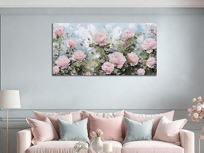 Ardemy Flower Wall Art Canvas Art Wall Decor, Floral Painting Textured Picture Living Room Pink Rose Artwork Large Framed for Bedroom Kitchen Dining Room Home Office Decor 48"x24"