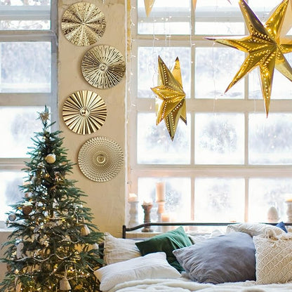 Hicarer 4 Pcs 12 Inch Metal Wall Art Decor Sunburst Hanging Metal Artwork Decor Wall Art Decorations for Home Living Room Office Gift for Christmas(Gold)